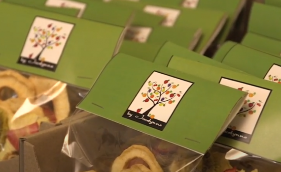 Bags of dried fruit lined up. Label by Jocelynne
