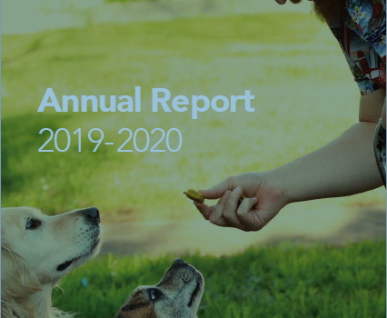 Report cover with title laid over image of three dogs on a lawn in the sun, noses raised towards a man who is leaning down to them holding a dog treat.