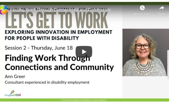 A presentation slide with the title "let's get to work" and a portrait of the presenter, a woman with black framed glasses, curly blonde hair and a big smile.