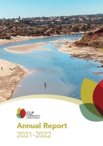 aerial photo of the mouth of the Oknaparinga river at Pt Noarlunga, Text and logo underneath. CLP annual report
